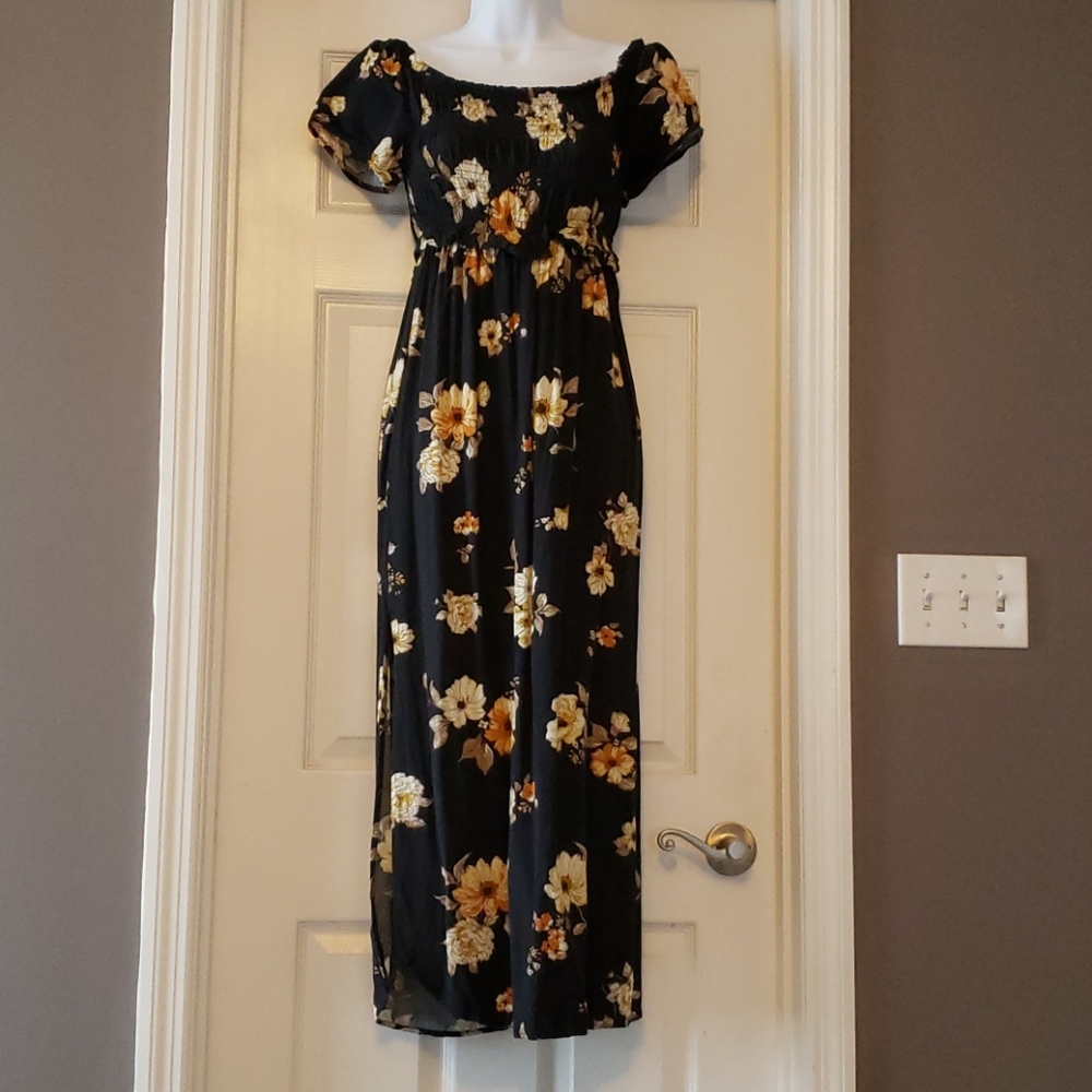 Black floral off the shoulder maxi dress